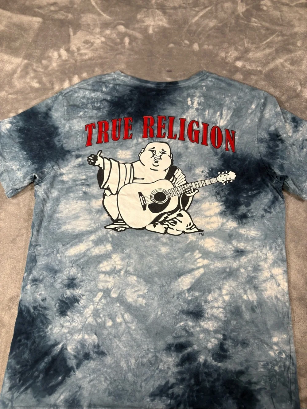 True Religion Men’s Blue & White Tie-Dye Logo Tee with Red Emblem